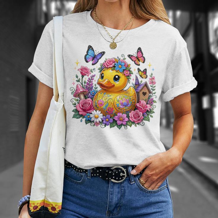 黄色いアヒルのイースター蝶の花のシー Tシャツ 彼女への贈り物
