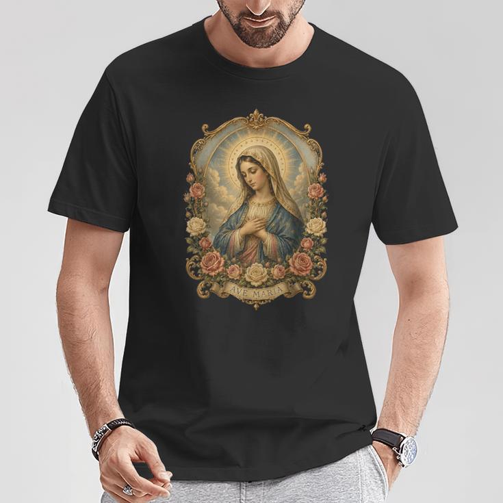 Ave Maria 聖母マリア 花柄 カトリック 祈りの肖像画 Tシャツ 面白い贈り物