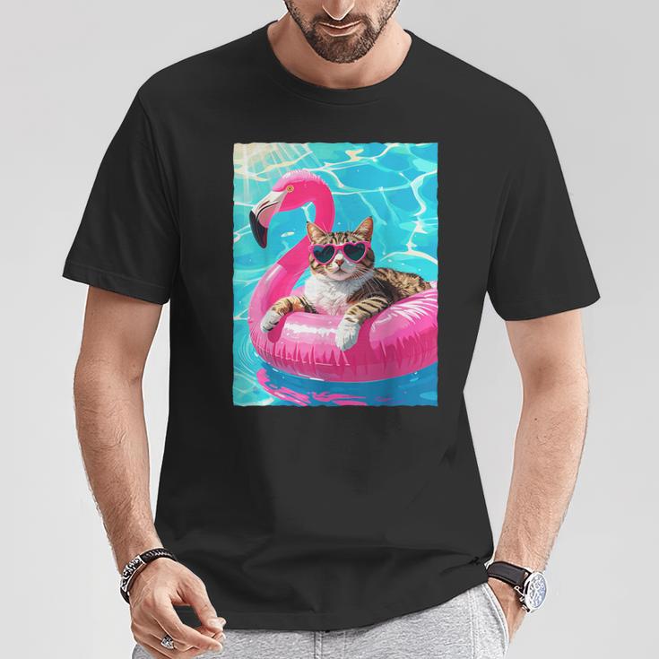 Gato Divertido Flamenco Rosa Flotador Gafas Corazónerano Camiseta unisex Regalos divertidos