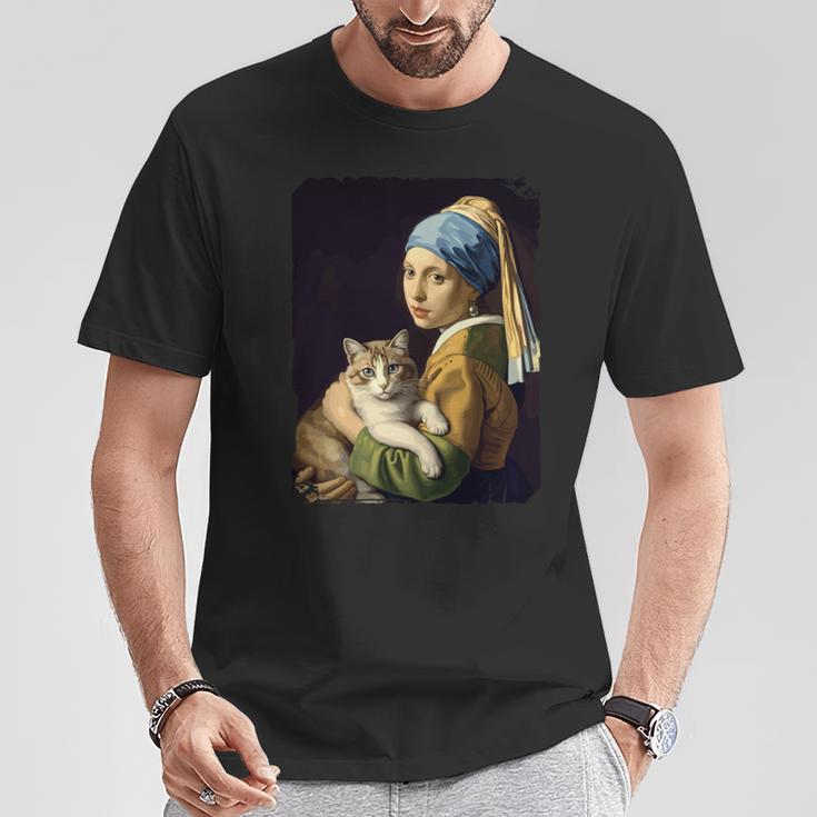 Girl With A Pearl Earring And A Cat 名画パロディ アート猫 長袖tシャツ Tシャツ 面白い贈り物