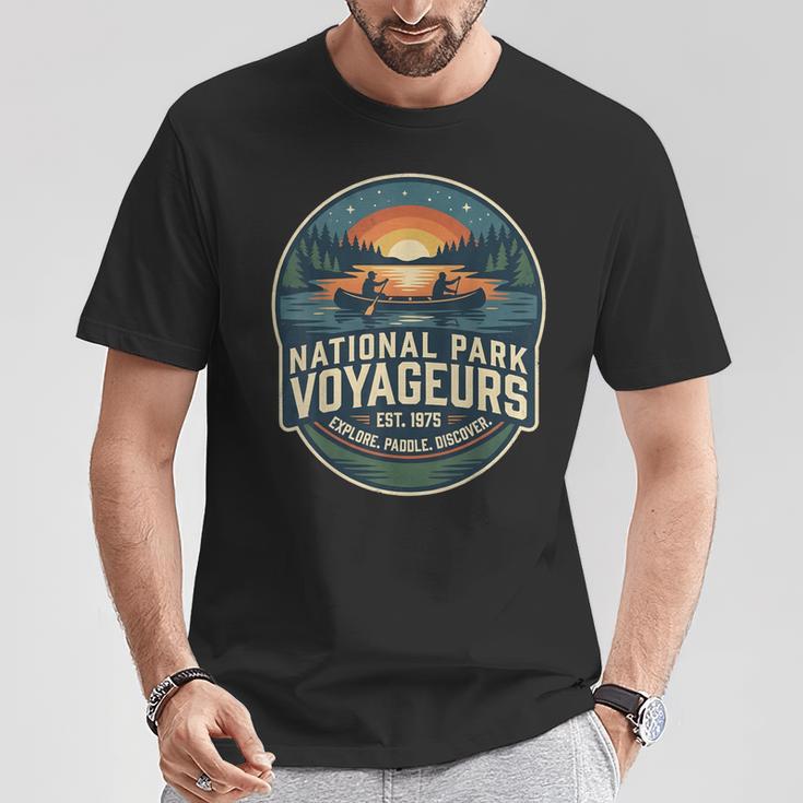 National Park Voyageurs Retro Sunset Canoe Paddling Badge T-Shirt Unique Gifts National Park Voyageurs Retro Sunset Canoe Paddling Badge T-Shirt Unique Gifts