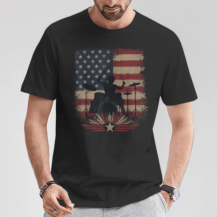 Patriotic Drum Kit Silhouette American Flag T-Shirt Unique Gifts