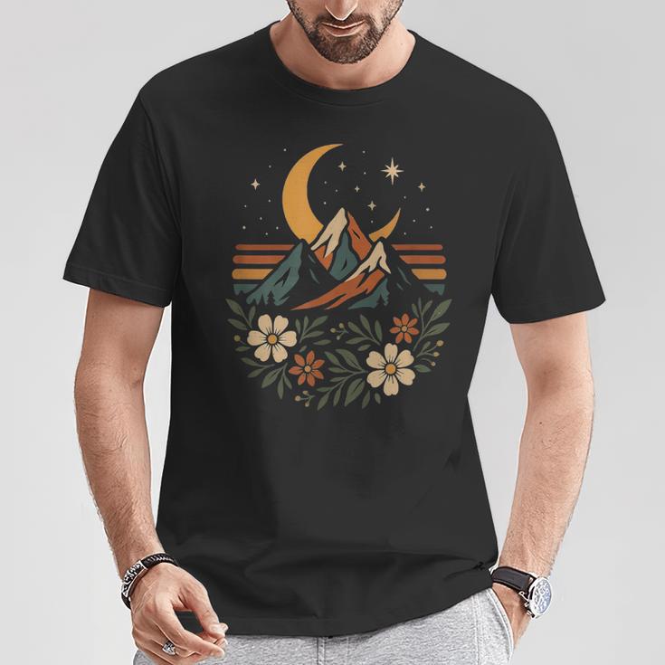 Retro Montaña Y Paisaje Floral Con Luna Camiseta unisex Regalos divertidos