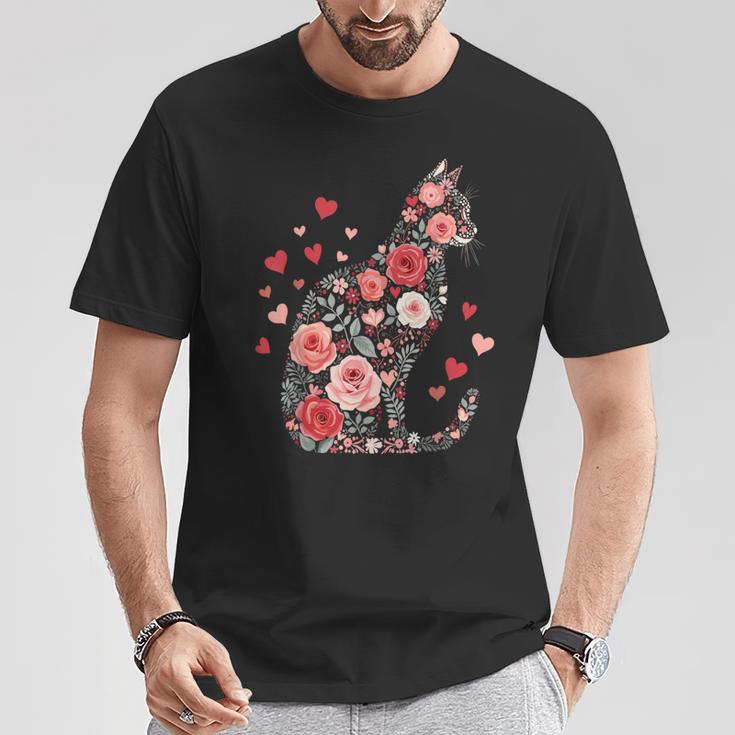 Süße Blumen Katze Für Katzen Besitzer Rosen Und Herzen T-Shirt Lustige Geschenke