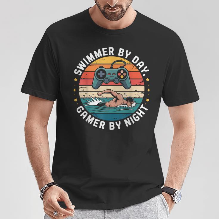 Swimmer By Day Gamer By Night Swimming Vintage Gaming Swim T-Shirt Unique Gifts