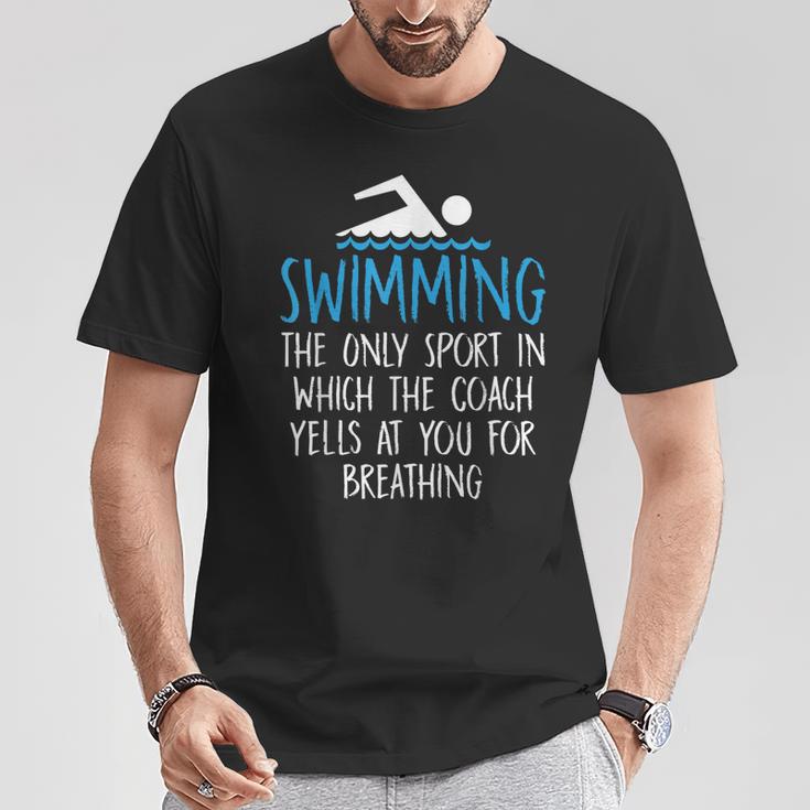Swimming Coach Yells Breathing Swimmer Swim Team T-Shirt Unique Gifts Swimming Coach Yells Breathing Swimmer Swim Team T-Shirt Unique Gifts