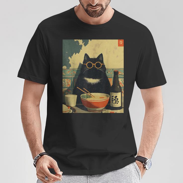 Vintage Giapponese Gatto Ramen Gatto Papà Retrò Divertente Grafica Donne Maglietta Regalos divertidos