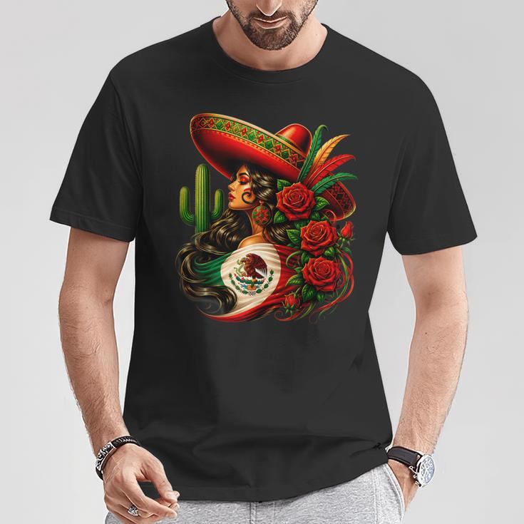 Viva Mexico Mexican Flag Floral Woman Sombrero Fiesta T-Shirt Funny Gifts
