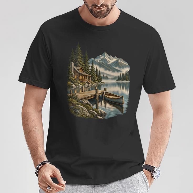Women's Lakeside Canoe Cabin Escape Scene T-Shirt Unique Gifts Women's Lakeside Canoe Cabin Escape Scene T-Shirt Unique Gifts