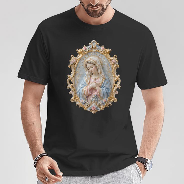 聖母マリア カトリック 祈り 花柄 神聖なアイコン 肖像画 Tシャツ 面白い贈り物