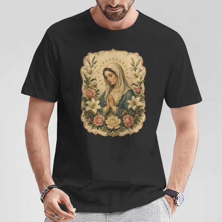 聖母マリアの祈り 花 カトリック 祈り 神聖な芸術 Tシャツ 面白い贈り物