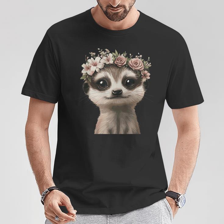 花柄クラウン付きのかわいいミーアキャット Tシャツ 面白い贈り物