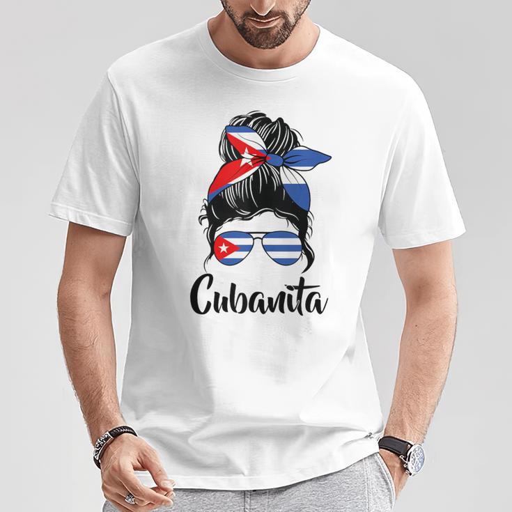 Cubanita Moño Desordenado Cubanita Cubanita Bandera Cubana Cabello Desordenado Moño In Mangas Camiseta unisex Regalos divertidos
