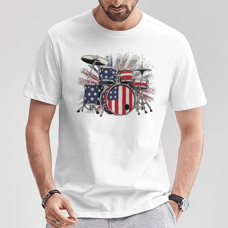 Drum Kit With American Flag Graphic For Musicians T-Shirt Unique Gifts
