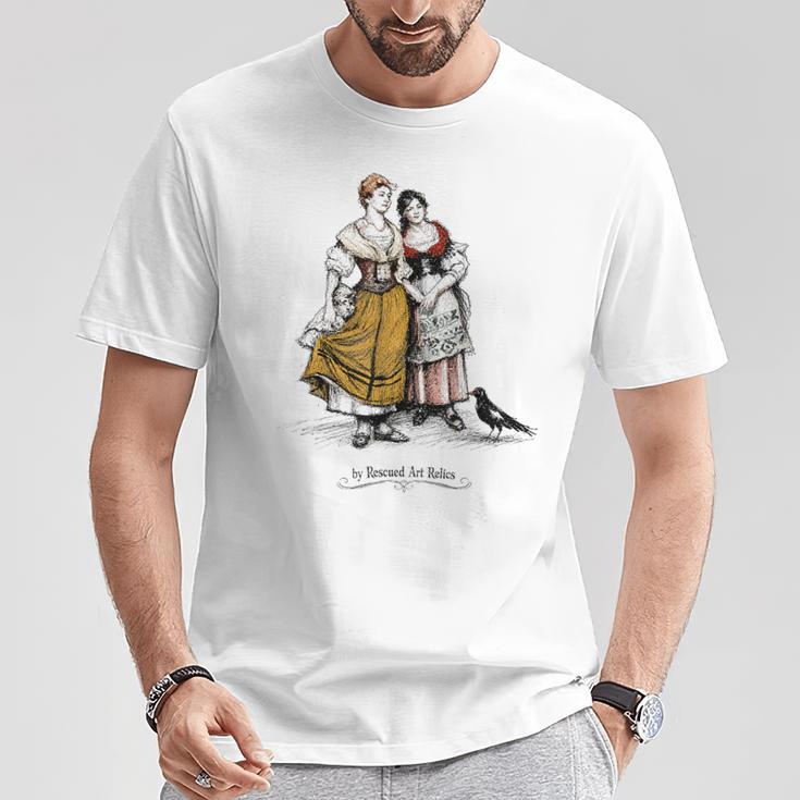Señorasintage Y Urraca Arte Antiguo Bosquejo Camiseta unisex Regalos divertidos