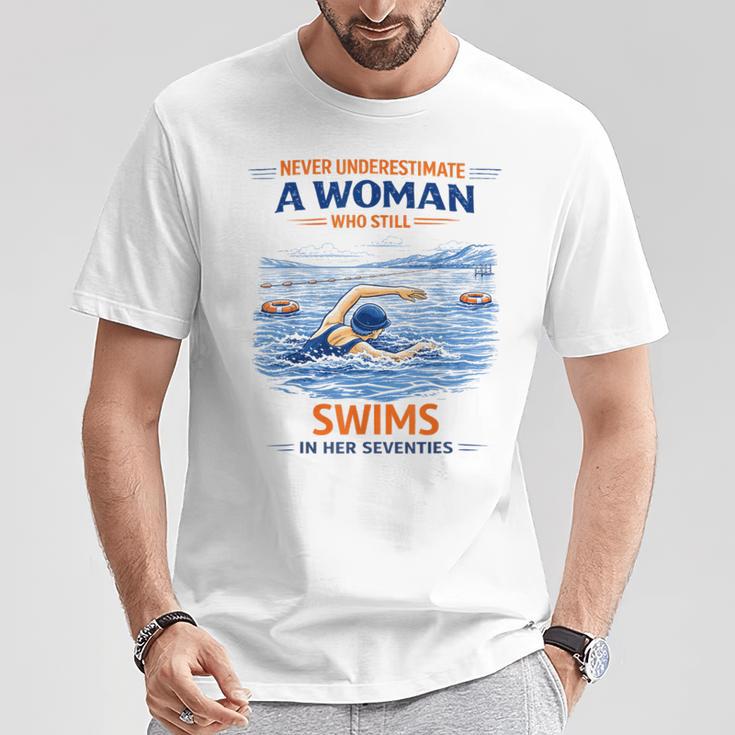 Swimming Never Underestimate A Woman Swim In Her Seventies T-Shirt Unique Gifts Swimming Never Underestimate A Woman Swim In Her Seventies T-Shirt Unique Gifts