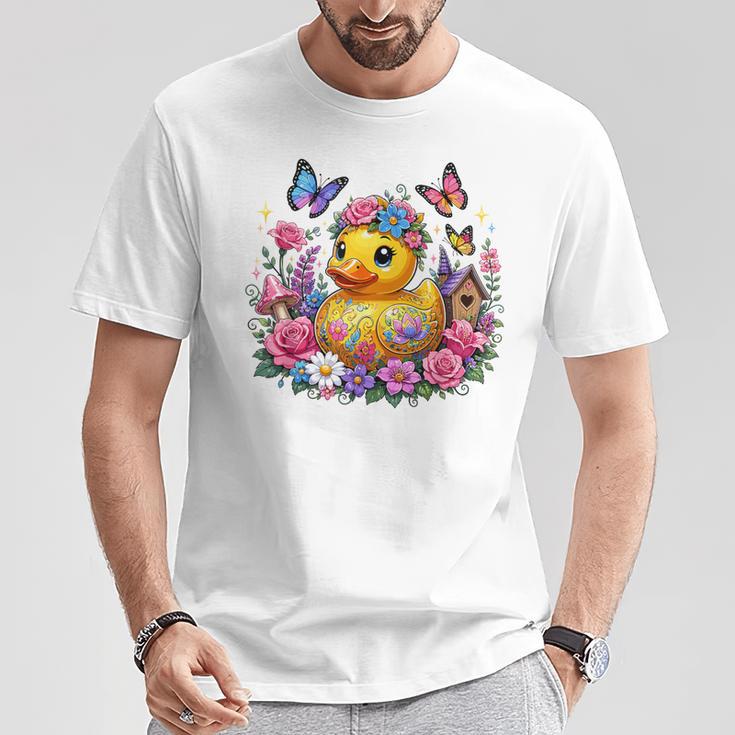 黄色いアヒルのイースター蝶の花のシー Tシャツ 面白い贈り物