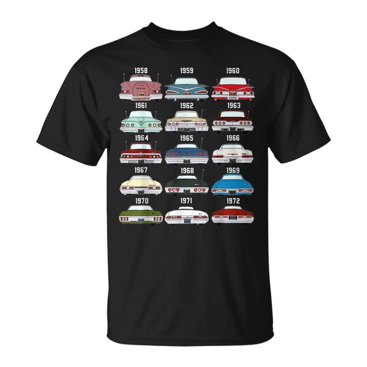 59 61 62 3 64 65 67 69 Evolution Of Impala Hot Rod Vintage T-Shirt