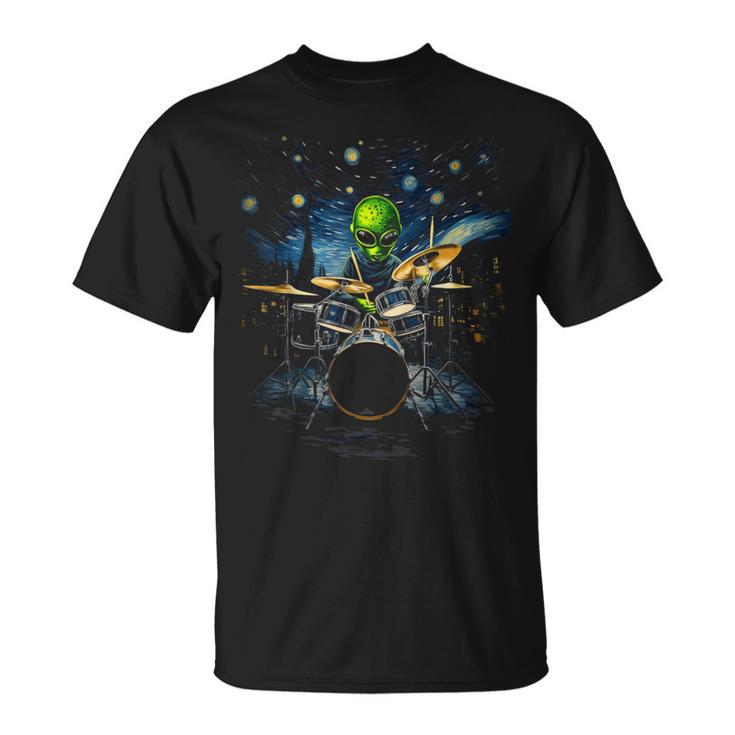 Drum Kit Percussionist Drummer Van Gogh Alien Playing Drums T-Shirt