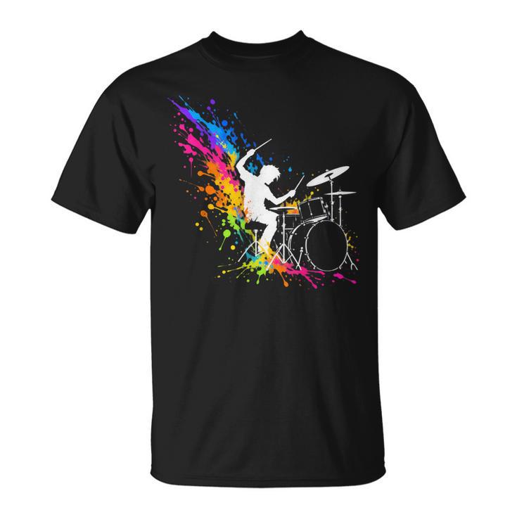 Drummer Silhouette Drum Kit Splatter Art T-Shirt