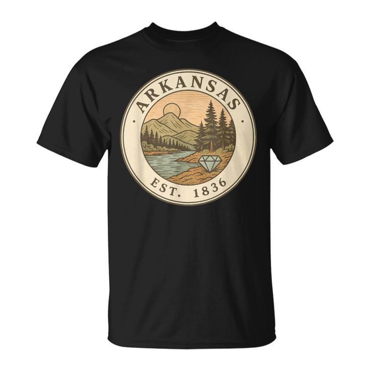 Emblema Retro De Paisaje De Orgullo De Arkansas Camiseta unisex