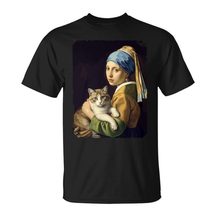 Girl With A Pearl Earring And A Cat 名画パロディ アート猫 長袖tシャツ Tシャツ