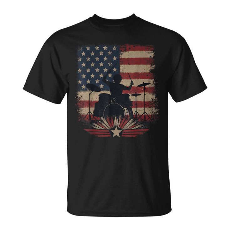 Patriotic Drum Kit Silhouette American Flag T-Shirt