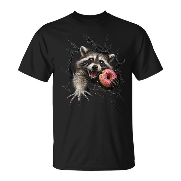 Raton Laveur Drôle Gourmand Avec Donut Rose Humour Animal 3D T-Shirt