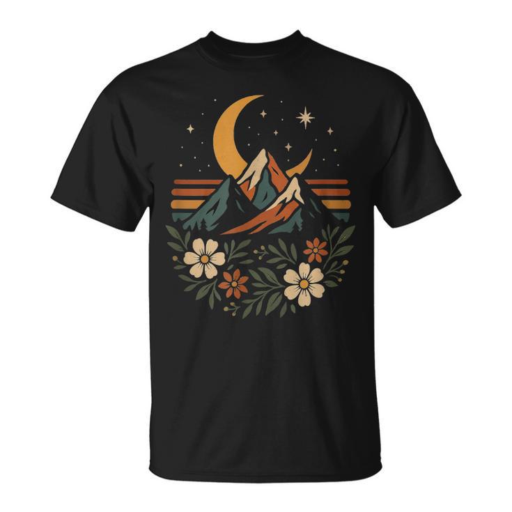 Retro Montaña Y Paisaje Floral Con Luna Camiseta unisex