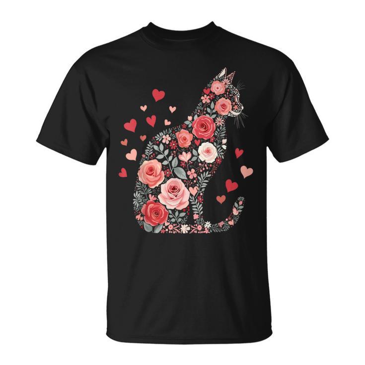 Süße Blumen Katze Für Katzen Besitzer Rosen Und Herzen T-Shirt