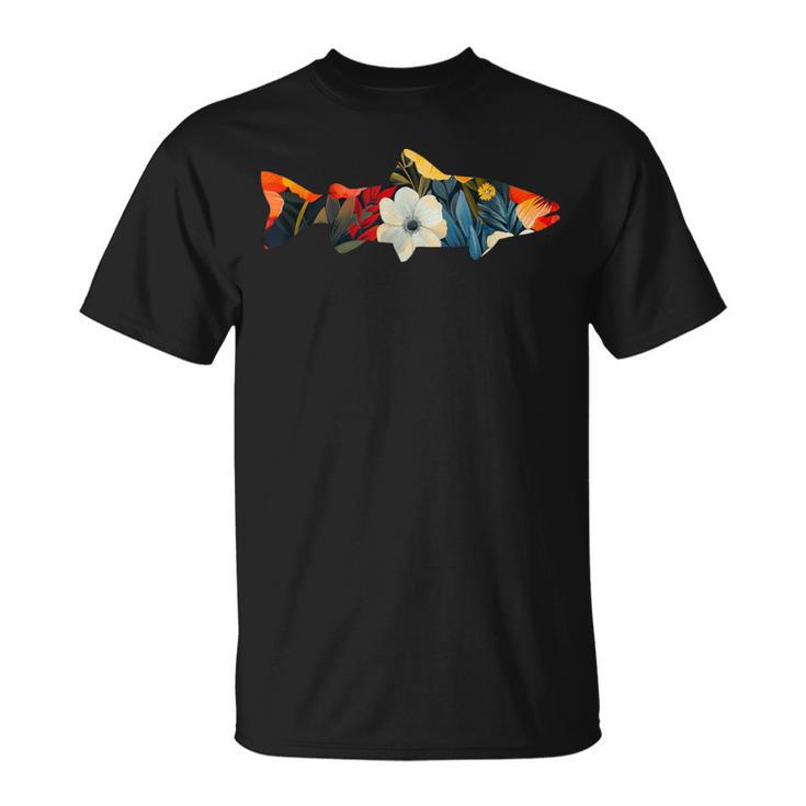 トラウト 魚 シルエット 花 ボタニカル フローラル Tシャツ