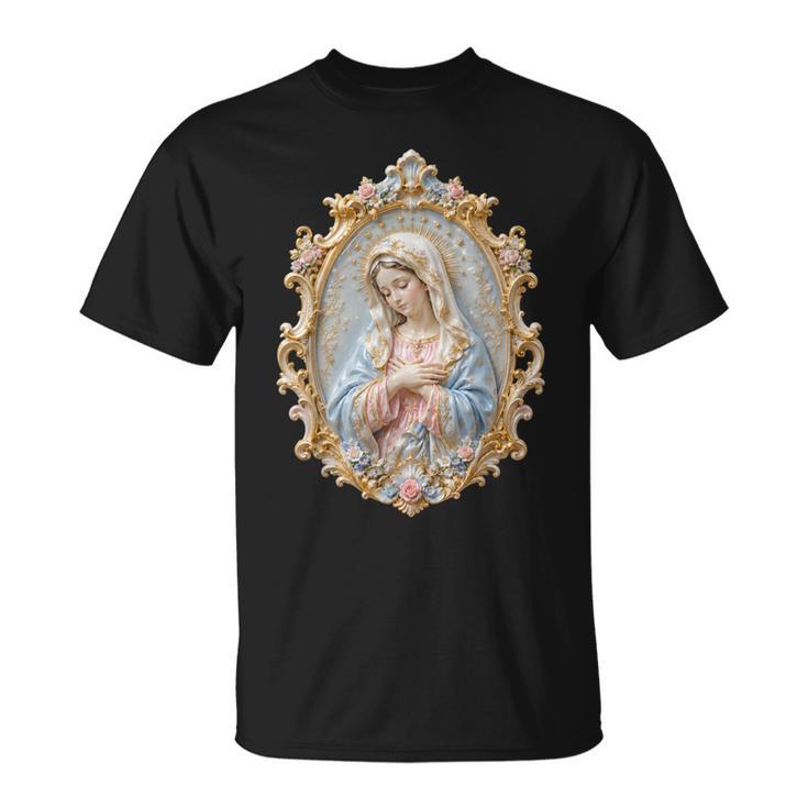 聖母マリア カトリック 祈り 花柄 神聖なアイコン 肖像画 Tシャツ