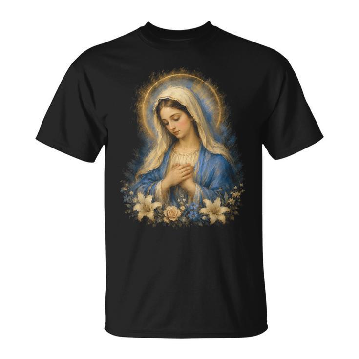 聖母マリアの祈りの肖像画 神聖な花の祈りのアート Tシャツ