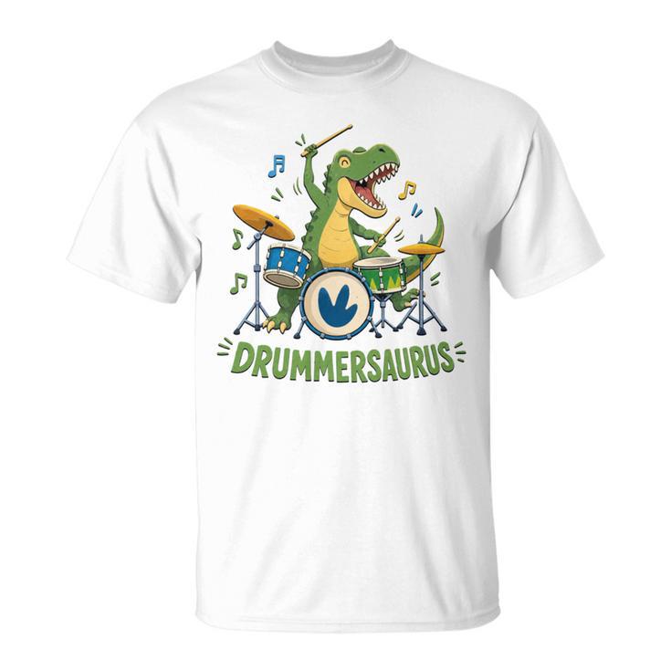 T-Rex Drumming With Drum Kit And Musical Notes T-Shirt