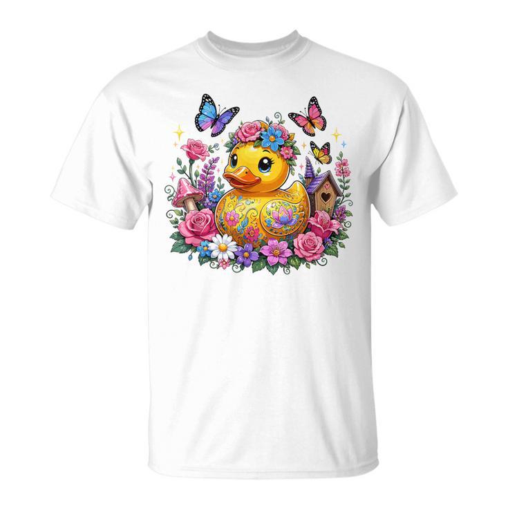 黄色いアヒルのイースター蝶の花のシー Tシャツ