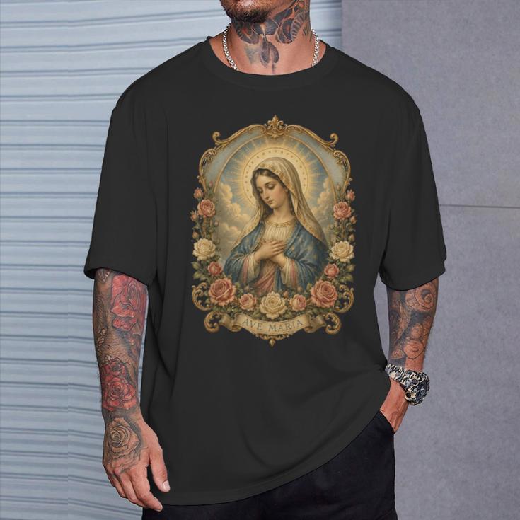 Ave Maria 聖母マリア 花柄 カトリック 祈りの肖像画 Tシャツ 彼への贈り物