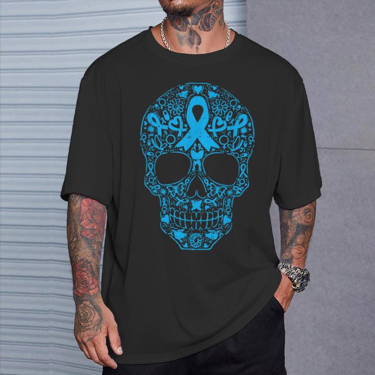 Cráneo De Azúcar Cinta Azul Claro Concienciaobre El Cáncer De Próstata Camiseta unisex Regalos para él