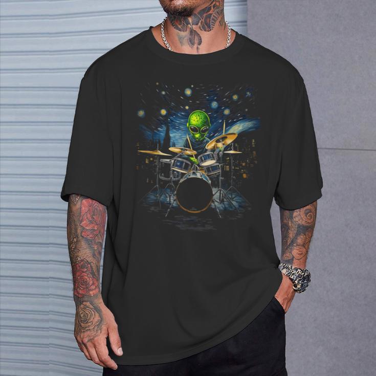 Drum Kit Percussionist Drummer Van Gogh Alien Playing Drums T-Shirt Gifts for Him Drum Kit Percussionist Drummer Van Gogh Alien Playing Drums T-Shirt Gifts for Him