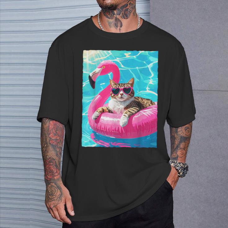 Gato Divertido Flamenco Rosa Flotador Gafas Corazónerano Camiseta unisex Regalos para él