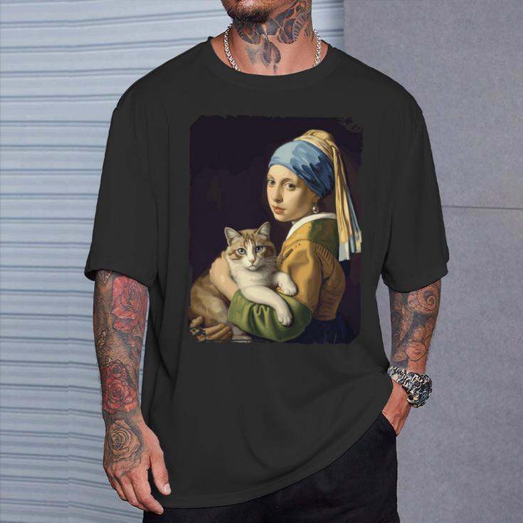 Girl With A Pearl Earring And A Cat 名画パロディ アート猫 長袖tシャツ Tシャツ 彼への贈り物