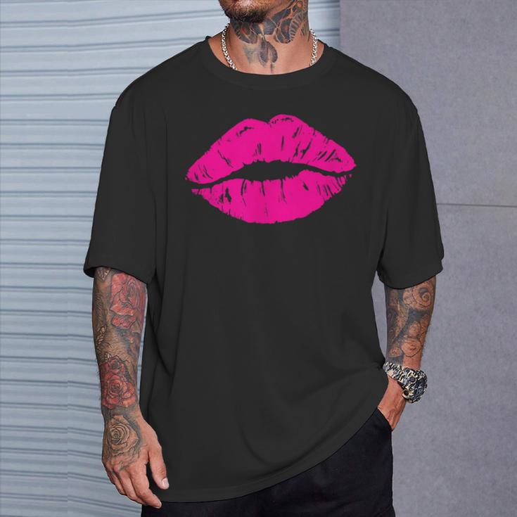 Lippenstift Print 80Er Jahre Hot Pink Lips Kiss Print Lippenprint T-Shirt Geschenke für Ihn
