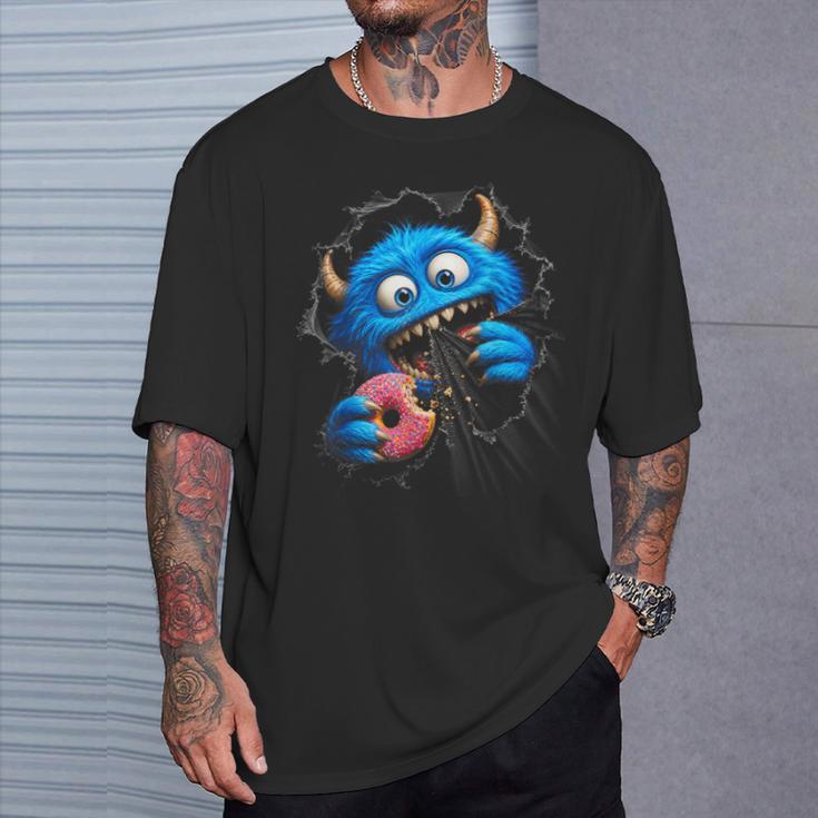 Monstruo Azul Peludo Con Donut Humor Goloso En Ilusión 3D Camiseta unisex Regalos para él