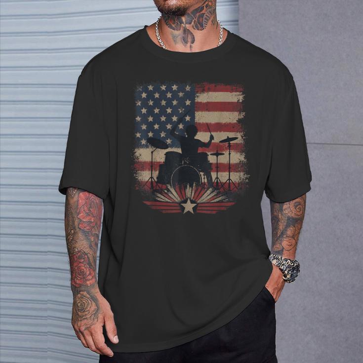 Patriotic Drum Kit Silhouette American Flag T-Shirt Gifts for Him