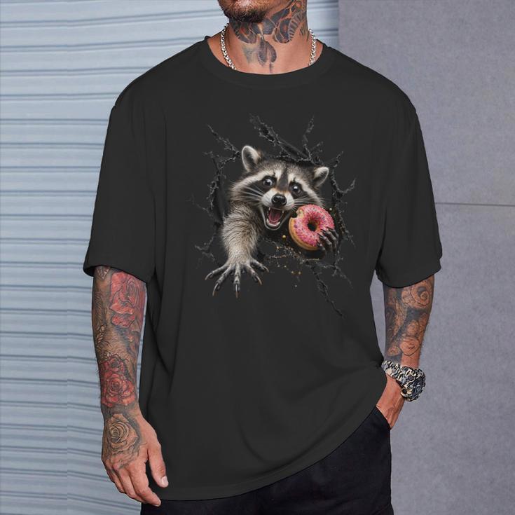 Raton Laveur Drôle Gourmand Avec Donut Rose Humour Animal 3D T-Shirt Cadeaux pour lui