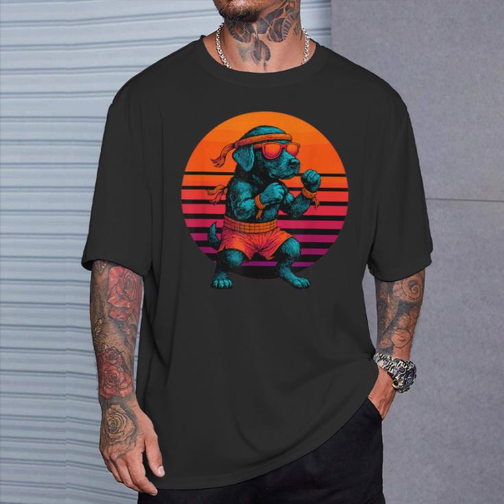 Retro Dog With Gloves Muay Thai Fighter T-Shirt Gifts for Him