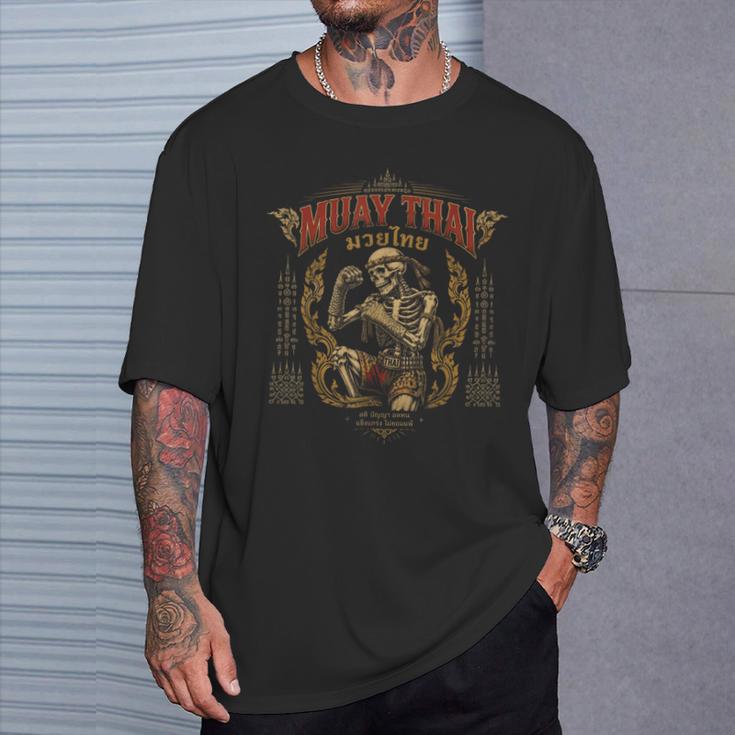 Retro Muay Thai Shorts Thai Boxing Fighter Style Skeleton T-Shirt Gifts for Him