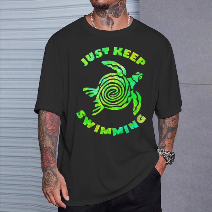 Sea Turtle Just Keep Swimming Ocean Beach Vacation T-Shirt Gifts for Him