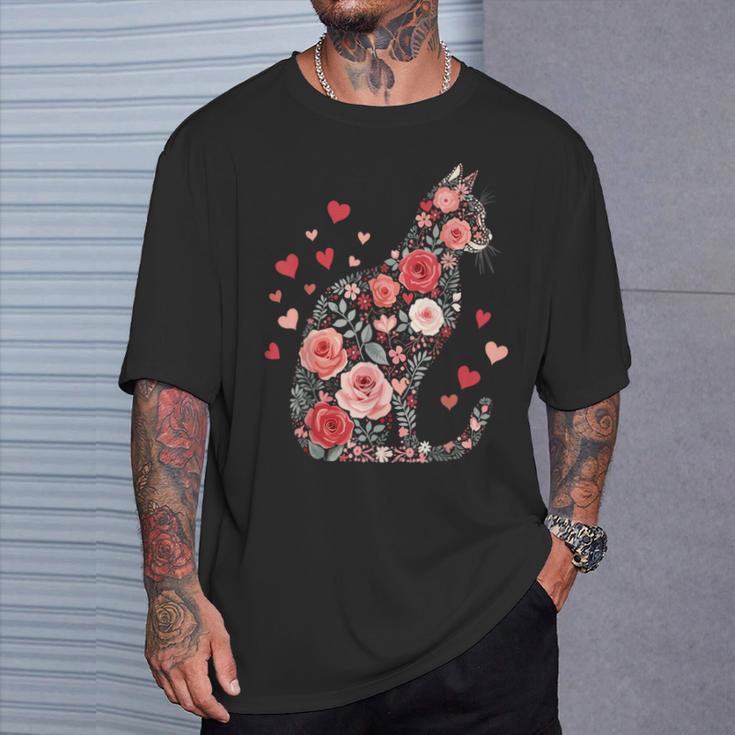 Süße Blumen Katze Für Katzen Besitzer Rosen Und Herzen T-Shirt Geschenke für Ihn