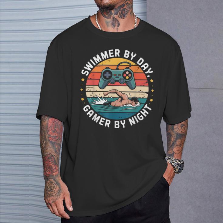 Swimmer By Day Gamer By Night Swimming Vintage Gaming Swim T-Shirt Gifts for Him