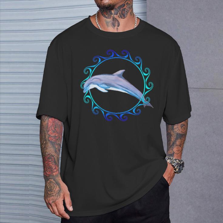 Swimming Dolphin Maori Sun Tribal Waves 2-Sided T-Shirt Gifts for Him